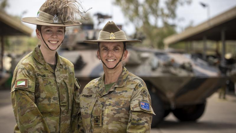 Trooper Aimee Doolan, from the 2nd/14th Light Horse Regiment (Queensland Mounted Infantry), left, and her mother, Warrant Officer Class 2 Julie Doolan, from the 7th Combat Brigade, at Gallipoli Barracks. Photo: Corporal Nicole Dorrett