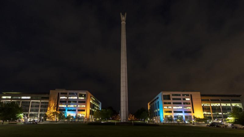The Department of Defence's Russell Offices in Canberra light up in support of International Day of People with a Disability.