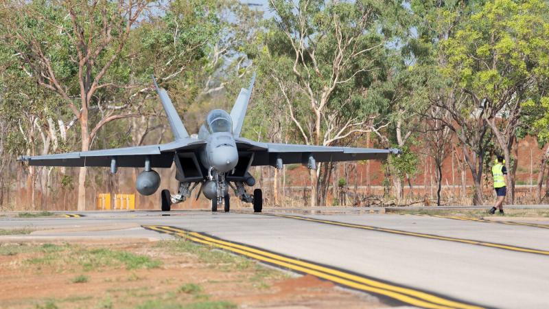 An F/A-18F Super Hornet taxis at RAAF Base Tindal during Exercise Gauntlet Strike. Photo: Petty Officer Peter Thompson