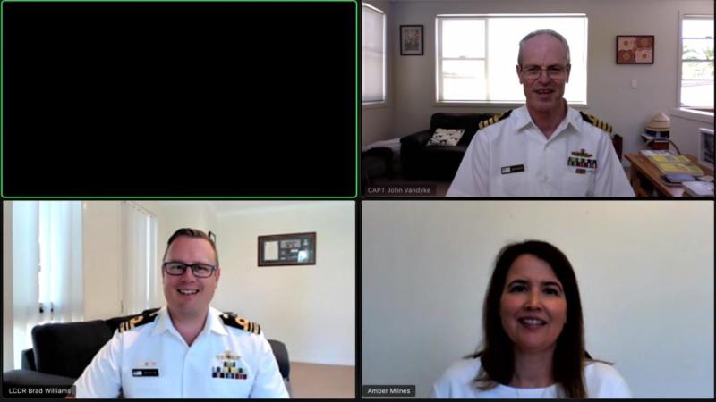 Officer selection board president Captain John Vandyke, top, Lieutenant Commander Brad Williams and Navy psychologist Amber Milnes prepare to interview an officer candidate via Zoom.