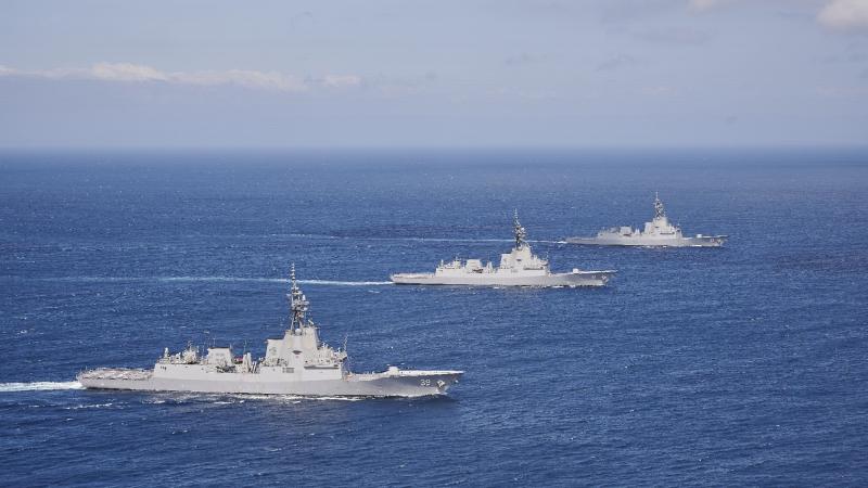HMA Ships Hobart, Brisbane and Sydney exercise together for the first time in the eastern Australian exercise area off the coast of NSW. Photo: Peter Beeh