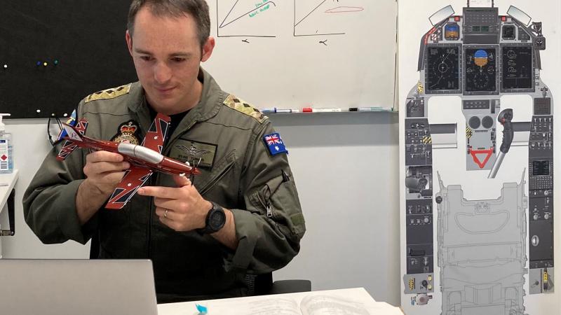 Army’s Captain Ryan Turner delivers a course in aerodynamics remotely to Air Force pilot trainees in lockdown at No. 1 Flying Training School at RAAF Base East Sale.