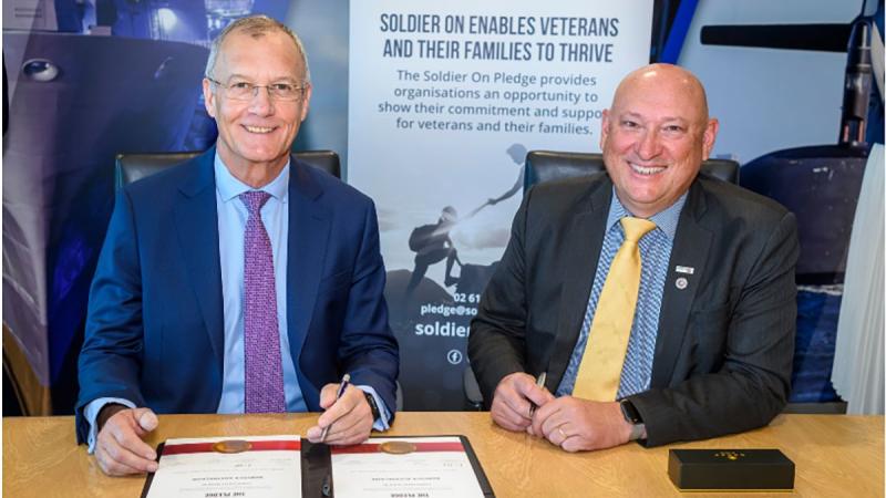 Babcock Australasia CEO David Ruff, left, and Soldier On CEO Ivan Slavich at the signing of the Solider On pledge in South Australia.
