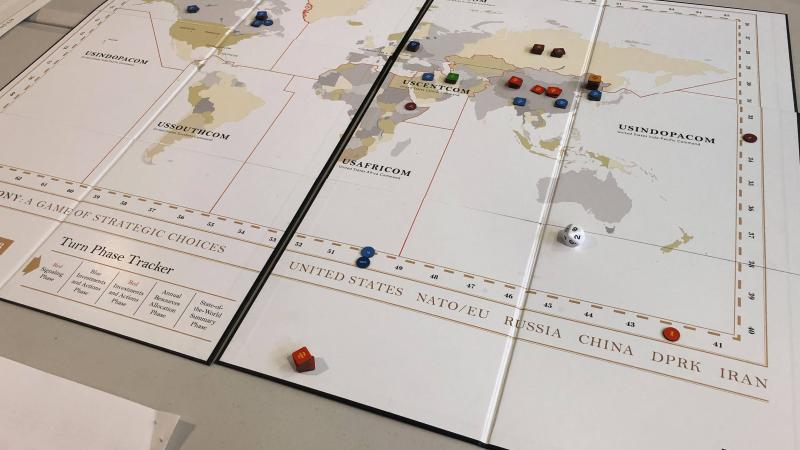 A view of the Hedgemony game board during a trial game held at Defence’s Russell Offices, Canberra.