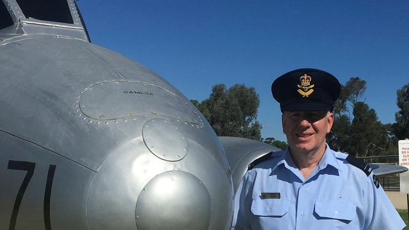 Flying Officer Owen Zupp in front of a Gloster Meteor aircraft at RAAF Base Wagga. 