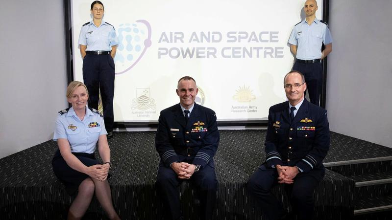 At the Air and Space Power Centre opening Warrant Officer Fiona Grasby, left, Leading Aircraftwoman Tiarna Stuart, centre director Group Captain Jason Begley, Air Marshal Mel Hupfeld, and Leading Aircraftman Julian Conte. Photo: Corporal Kylie Gibson