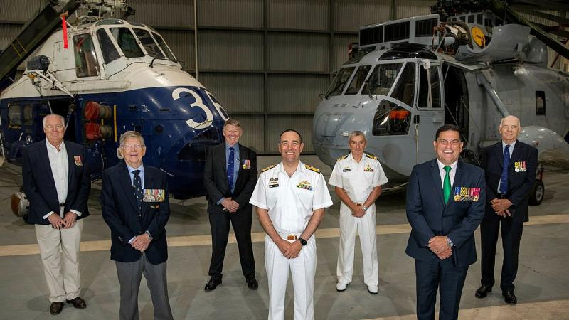 The first six recipients of the Australian Service Medal for Operation Bursa with the Commander Fleet Air Arm Commodore Don Dezentje, centre. Photo: Able Seaman Susan Mossop 