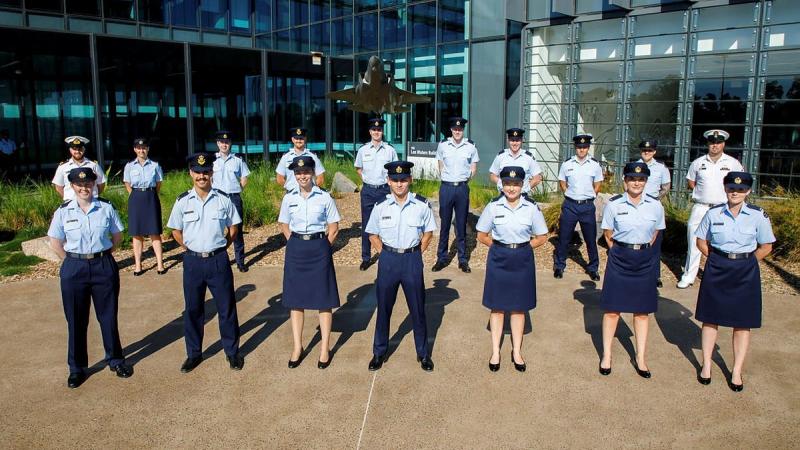 Graduates of Air Surveillance Operator Initial Employment Training and No. 193 Air Battle Manager Basic course outside the Len Waters Building at RAAF Base Williamtown. Photo: Corporal Craig Barrett 