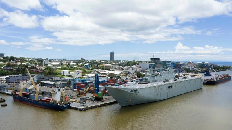 Disaster relief supplies on HMAS Adelaide arrive at Kings Wharf in Suva, Fiji, during Operation Fiji Assist. Photo: Corporal Dustin Anderson