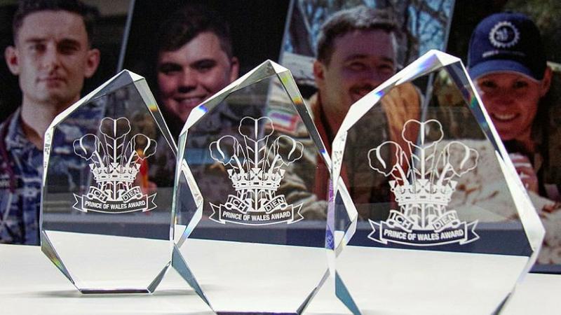 Trophies from Defence Reserve and Employer Support in preparation for the Prince of Wales Awards. 