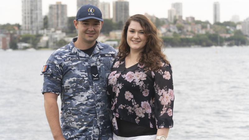 Leading Aircraftman Ryan Mills with his wife Ellen at Fleet Base East, Sydney.