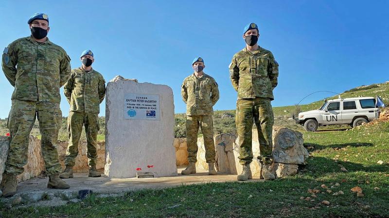 ADF personnel of the Observer Group Lebanon at the memorial for Royal Australian Corps of Transport officer Captain Peter McCarthy.