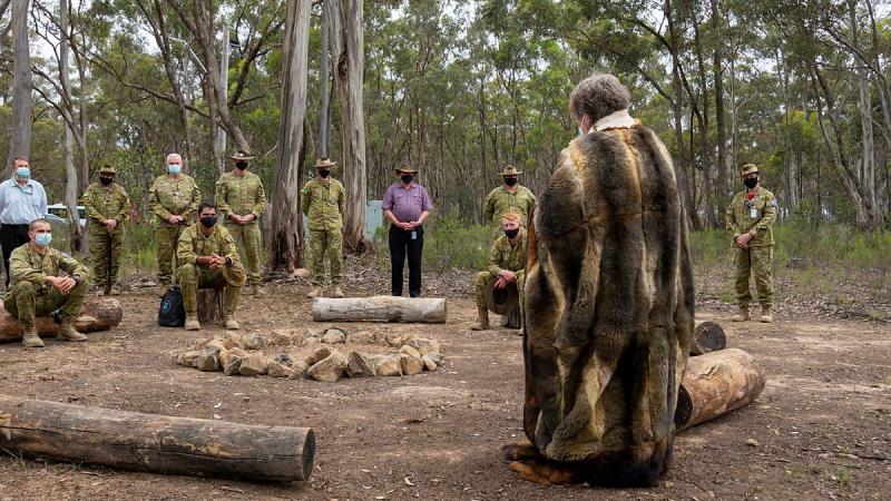 Indigenous Elder Aunty Joanne of the Taungurung Land and Waters Council opens the yarning circle at Puckapunyal.