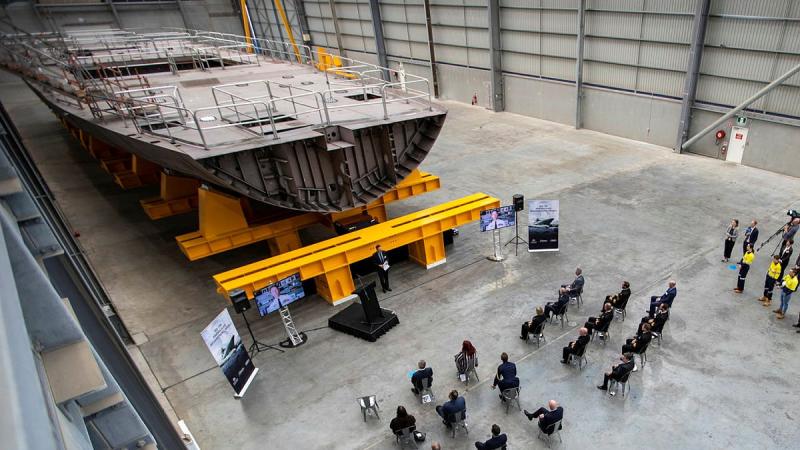 A keel laying ceremony for offshore patrol vessel number 3, NUSHIP Pilbara, is held at the Civmec facility in Henderson, Western Australia. Photo: Leading Seaman Ronnie Batoft