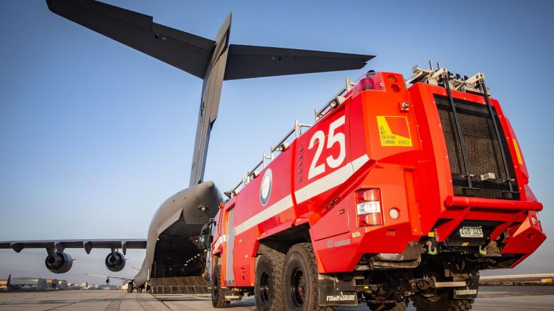 The final Rosenbauer Panther Crash Tender is loaded onto a Royal Australian Air Force C-17A Globemaster III aircraft. Photo: Sergeant Ben Dempster
