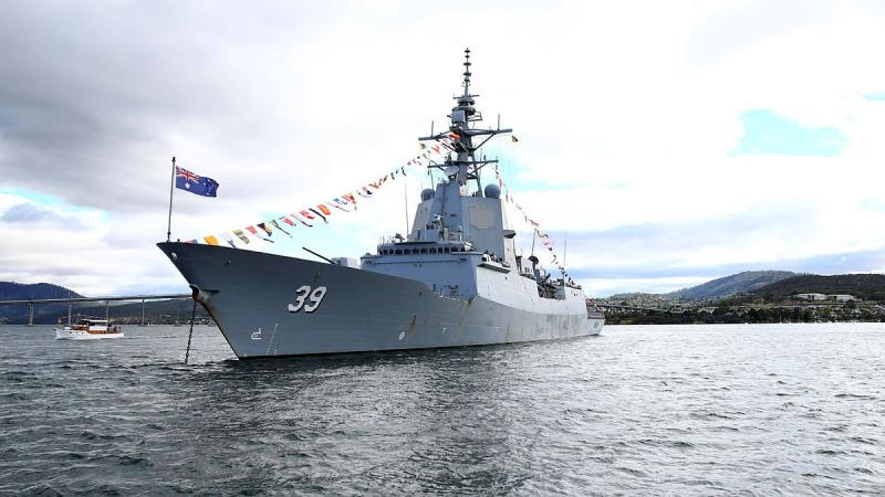 A 'dressed' HMAS Hobart at anchor on the River Derwent for the Royal Hobart Regatta. Photo: Warrant Officer Class 2 Max Bree