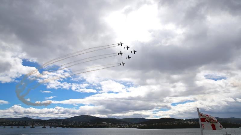 Royal Australian Air Force Roulettes perform an aerial display above the River Derwent during the Royal Hobart Regatta, Tasmania. Photo: Warrant Officer Class 2 Max Bree