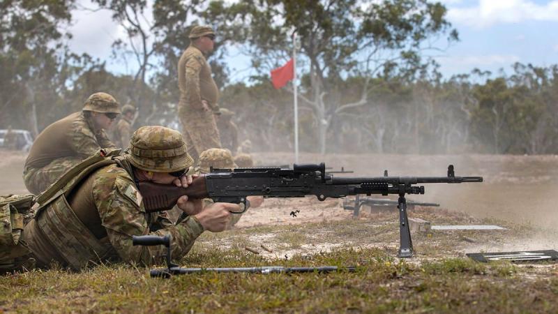 A soldier from the 1st Regiment, Royal Australian Artillery, fires a MAG 58 General Support Machine Gun during live fire training at Wide Bay Training Area, Queensland. Photo: Corporal Nicole Dorrett 