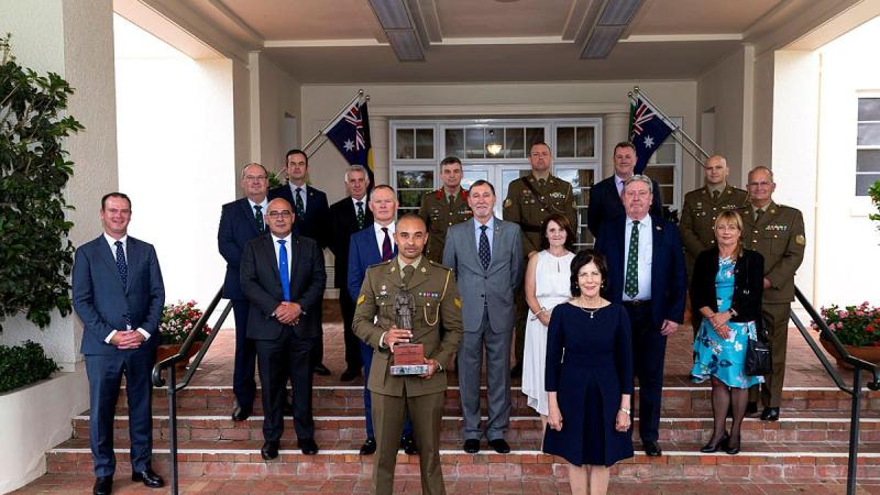 Corporal Gealan Toullea, front left, with Her Excellency Linda Hurley, front right, and guests at Government House in Canberra. Photo: Corporal Julia Whitwell 