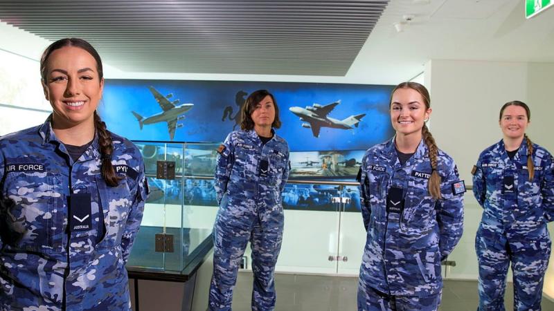 Personnel from No. 36 Squadron's orderly room, from left, Leading Aircraftwomen Jarla Pyle, Pinar Girca, Abbey Patterson and Corporal Cass Williamson at RAAF Base Amberley. Photo: Corporal Brett Sherriff