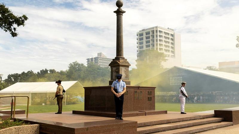 Members of the ADF catafalque party stands guard at the Darwin Cenotaph, during the commemoration of the bombing of Darwin. Photo: Corporal Rodrigo Villablanca 