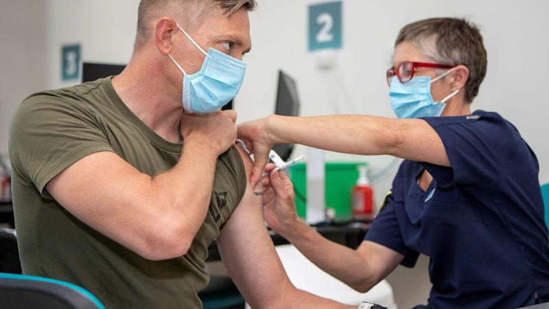 Private Matthew Marsh receives his COVID-19 vaccine at Royal Prince Alfred Hospital in Sydney. Photos: ABIS Daniel Goodman