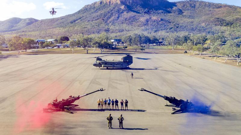 Commanding Officer of the 4th Regiment, Royal Australian Artillery Lieutenant Colonel Peter Allan and Warrant Officer Class 1 Matthew Miller welcome the contestants of The Amazing Race Australia to Lavarack Barracks. Photo: Corporal Brodie Cross