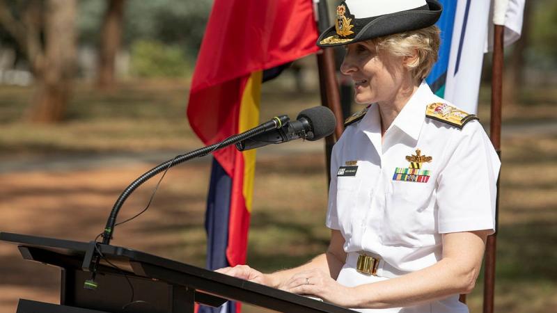 Head of Navy Engineering Rear Admiral Kath Richards addresses members of the Navy Engineering branch at the handover of command ceremony held at Campbell Park Offices in Canberra. Photo: Petty Officer Bradley Darvill
