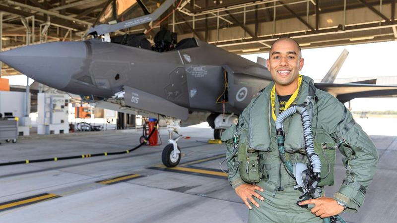 Pilot Officer Jaisal is all smiles after completing his first flight in an F-35A Lightning II during the operational conversion course at RAAF Base Williamtown. Photo: Sergeant David Gibbs