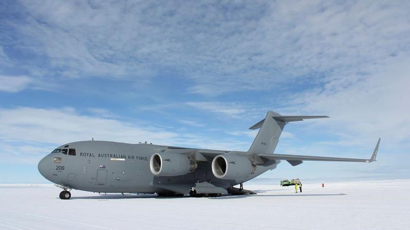 A RAAF C-17A Globemaster III at Wilkins Aerodrome in Antarctica during Operation Southern Discovery. Photo: Michael Wright