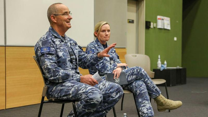 Chief of Air Force Air Marshal Mel Hupfeld and Warrant Officer Air Force Fiona Grasby during the visit to RAAF Base Edinburgh. Photo: Corporal Brenton Kwaterski 