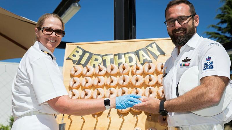 Lieutenant Commander Michelle Barker and Petty Officer Ben Kohn at Navy's 120th birthday celebrations at Brindabella Park in Canberra. Photo: Private Madhur Chitnis