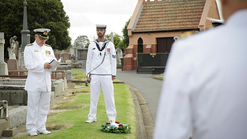 Senior Naval Officer Victoria Commodore Greg Yorke gives a reading during a commemoration service to remember Vice Admiral Sir Rooke Creswell at Brighton Cemetery in Victoria. Photo: Leading Seaman Bonny Gassner