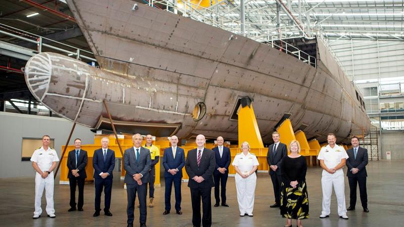 Attendees at the official opening of the OPV Enterprise Office in front of Pilbara, which is under construction at the Henderson Shipyard in Western Australia. Photo: Leading Seaman Ernesto Sanchez