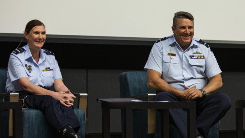 Head of Air Force Capability Air Vice-Marshal Cath Roberts hosts a question and answer session alongside Deputy Chief of Air Force Air Vice-Marshal Stephen Meredith during an International Women’s Day event. Photo, Leading Aircraftman Adam Abela