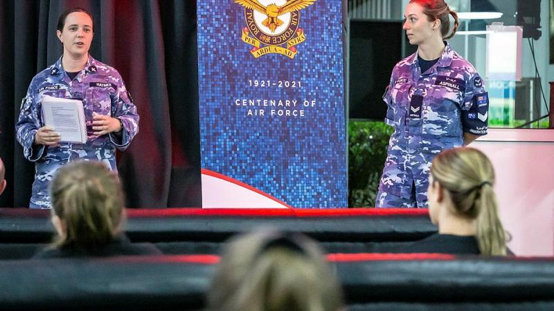 Air Force Chaplain, Flight Lieutenant Karen Haynes, left, and Corporal Leah Aspinall lead an International Women’s Day event in the Middle East. Photo: Sergeant Ben Dempster