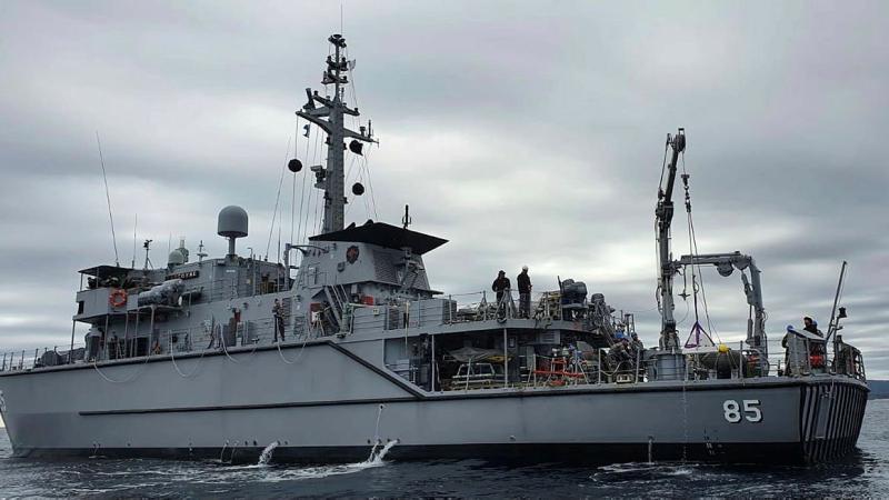 RAN mine hunter HMAS Gascoyne sails in the waters off the coast of Northern Tasmania as part of Fleet Certification Period. 