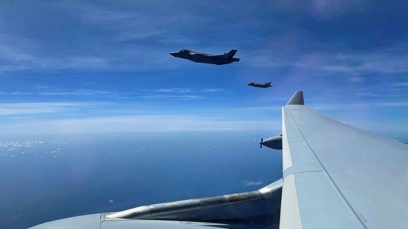 United States Air Force F-35A Lightning IIs from Eielson Air Force Base in Alaska fly alongside a RAAF KC-30A multi-role tanker transport from No. 33 Squadron during Exercise Cope North 2021 in Guam.