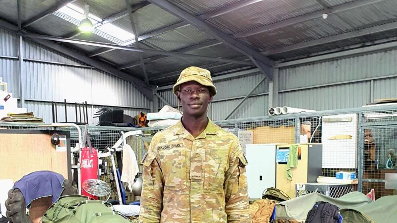 Private John Mckuong Dhuol from the 7th Combat Signal Regiment is supporting Operation NSW Flood Assist at Port Macquarie on the NSW Mid North Coast.