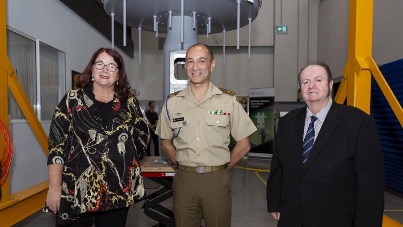 Minister for Defence Industry Melissa Price, Defence Industry Secondee Australian Army Major Mark Vermeer and Founder of Jenkins Engineering Defence Systems Peter Jenkins during the launch of the Defence Industry Secondment Program. 