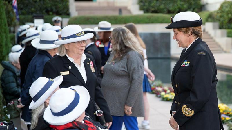 Warrant Officer of the Navy Deb Butterworth, right, speaks with Gaye Doolan, Heather Milward and Judith Rowe from the WRANS - Naval Women’s Association (ACT) at the Australian War Memorial. Photo: Petty Officer Bradley Darvill