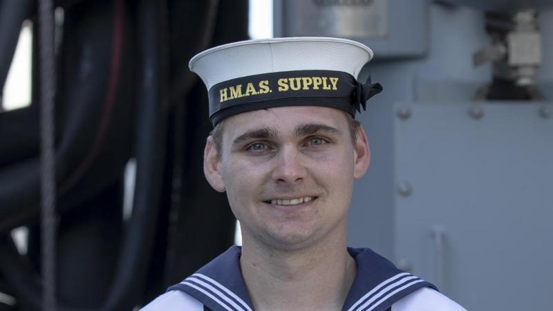 Able Seaman Cody McNulty on board HMAS Supply during her commissioning ceremony at Fleet Base East in Sydney. Photo: Sergeant Catherine Kelly