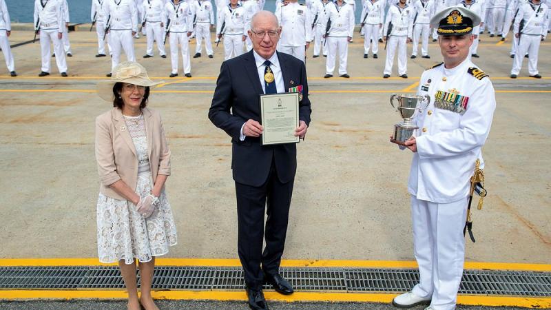Governor-General General (retd) David Hurley, centre, and his wife Linda Hurley present the 2020 Duke of Gloucester Cup to Commanding Officer HMAS Arunta Commander Anthony Nagle. Photo: Leading Seaman Richard Cordell