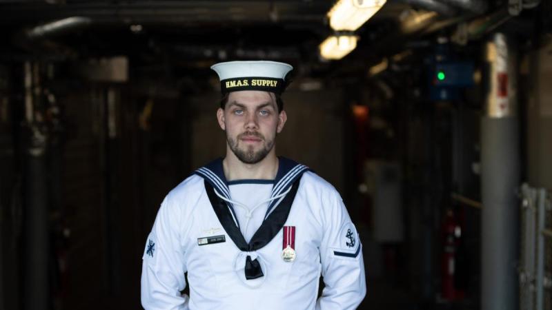 Leading Seaman Dion Cray on board HMAS Supply. Photo: Leading Seaman David Cox