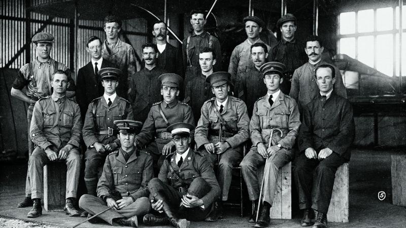 At the Central Flying School. Lieutenant George Merz is seated (second row from front) second from left, Captain Henry Petre is seated third from left and Lieutenant Eric Harrison is seated fourth from left. Photo: Australian War Memorial