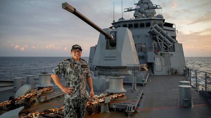  Lieutenant Lazarus Lai De Oliveira, on the forecastle of HMAS Anzac. Photo: Leading Seaman Thomas Sawtell
