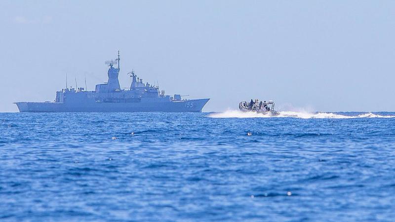 HMAS Ballarat uses a rigid-hulled inflatable boat to search for the missing Indonesian submarine KRI Nanggala. Photo: Leading Seaman Ernesto Sanchez 