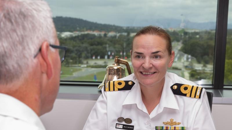 Women’s Strategic Advisor Commander Kelly Haywood meets with Deputy Chief of Navy Rear Admiral Christopher Smith. Photo: Private Jacob Joseph 
