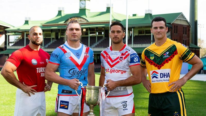 Turkish captain Arda Dalcik, left, Sydney Roosters captain Angus Crichton, St George Illawarra Dragons captain Corey Norman and ADF Rugby League captain Able Seaman Connor McCabe at the Sydney Cricket Ground. Photo: Able Seaman Sittichai Sakonpoonpol