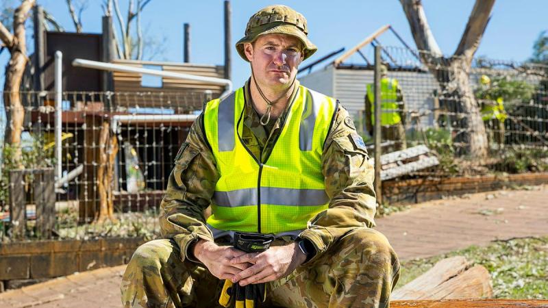 Private Scott Thompson at St Mary's Primary School, Northampton, WA, during the clean-up following Tropical Cyclone Seroja. Photo: Leading Seaman Kieren Whiteley